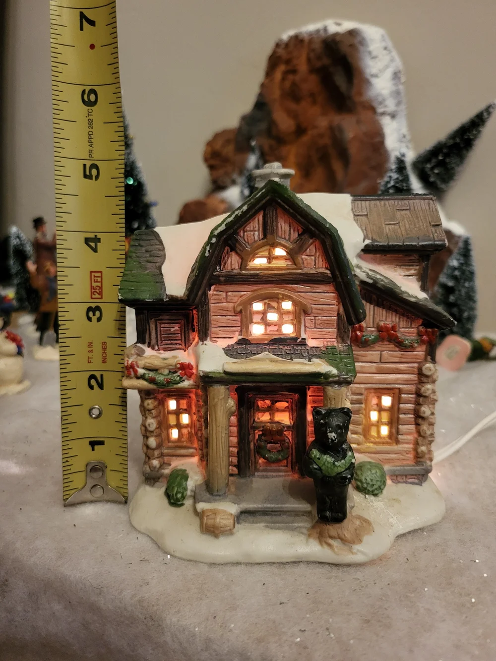 Holiday Time Christmas Village Wood Carving Workshop Log Cabin Bear